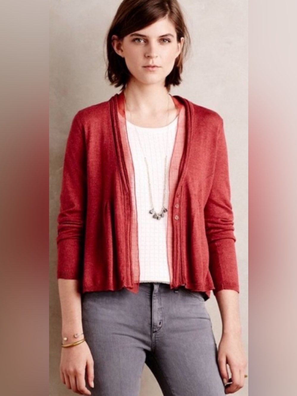 Anthropologie Angel of the North V-Neck Button Cardigan Sweater Red Rust Small